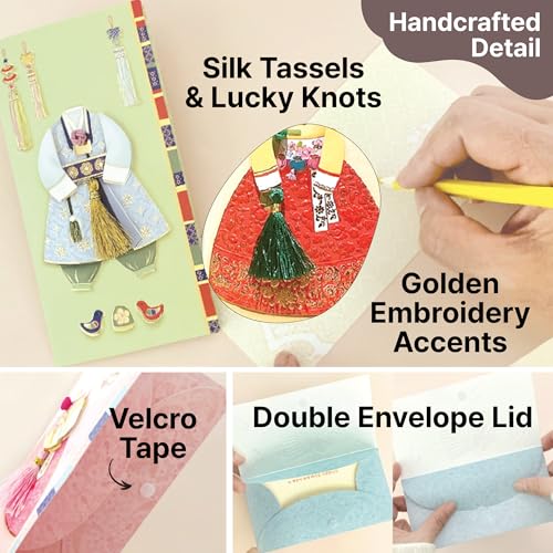 Korean Traditional Money Envelopes – Hanbok & Jogakbo Cash Gift Holders with Tassel (Royal Sky) - color: Royal Sky