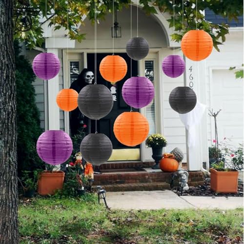 Orange Purple Black Paper Lanterns Decorative 12pcs Halloween Hanging Decorations for Graduation Thanksgiving Birthday Party Decorations - color: black,orange,purple