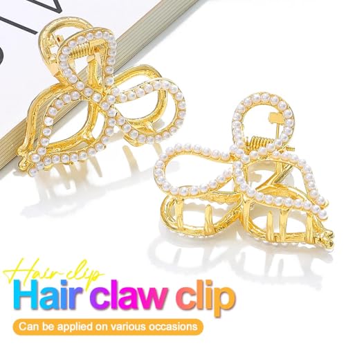 CAKURE Small Bow Claw Clips Pearl Hair Clips Cute Mini Hair Clip Gold Hair Accessories for Women （Pack of 2)