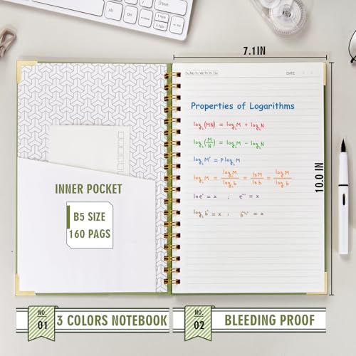 OWSC Lined Spiral Notebook, Hardcover 7.1 x 10 IN B5 Notebook, Grey Green - size: 2 Pack B5 Grey Green