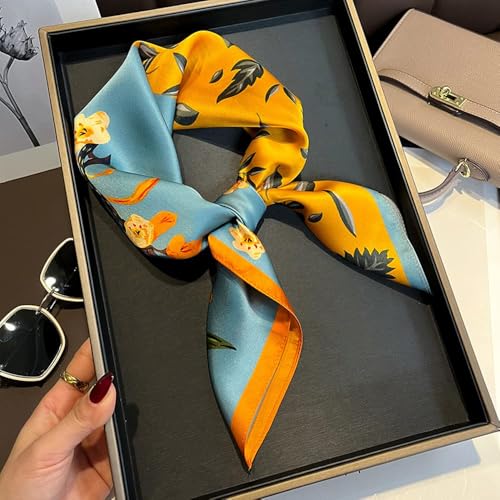 100% Pure Mulberry Silk Scarf 26" Women Square Scarf Head Scarf Neck scarf - color: Blue Yellow