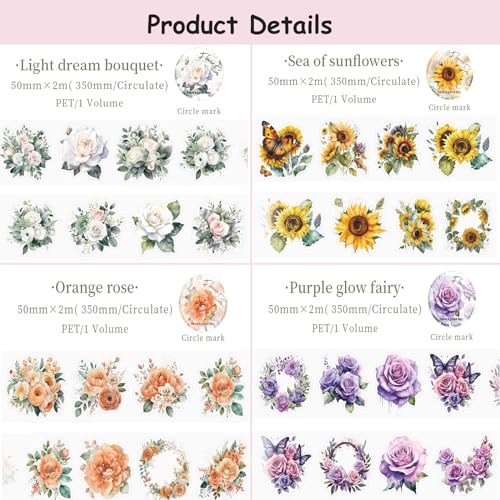 8Rolls Floral Washi Tape Set Flower PET Tapes Stickers for Crafts