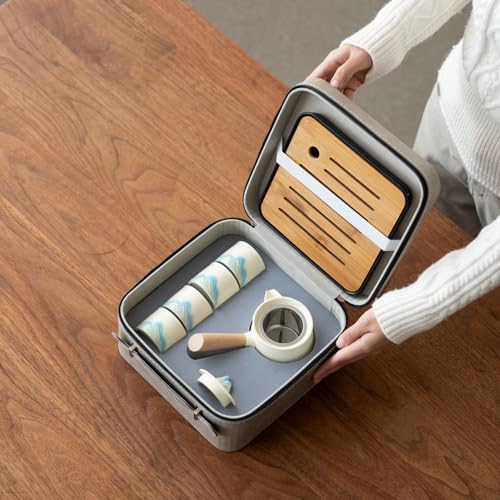 Portable Chinese Tea Set with Carry Bag - White Complete Gongfu Teapot Set Includes Side Handle, 4 White Cups,Tea Tray & Strainer, Artistic Travel Teapot Kit for Camping, Office, Home & Gifts - color: White Side-Handle Teapot Set