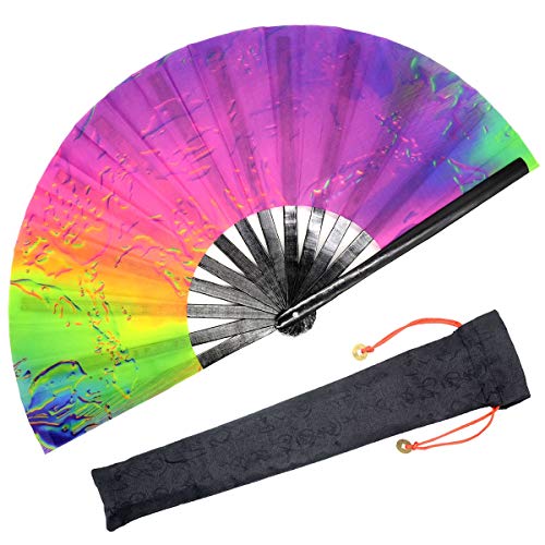 OMyTea Bamboo Large Rave Folding Hand Fan for Men/Women - Chinese Japanese Handheld Fan with Fabric Case - for Electronic Dance Music Festival Party, Performance, Decorations, Gift (Iridescence) - color: Iridescence