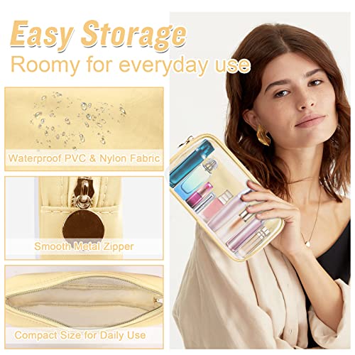 Nylon Small Clear Makeup Bag for Purse, Cute Makeup Bag Preppy Cosmetic Zipper Pouch Purse, Waterproof Travel Toiletry Bag Coin Pouch Clutch Makeup Brush Bag Organizer Storage for Women Ladies(Beige) - color: Beige-Clear, size: Small