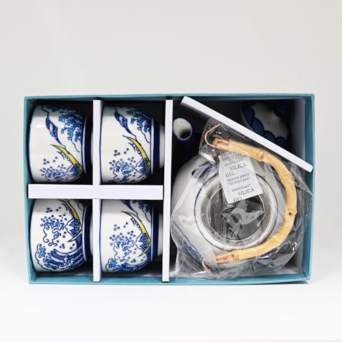 Urban Tokyo Hokusai Inspired Great Wave Porcelain Tea Set with Bamboo Handle, 30 oz Teapot with 4 Cups, Blue and White, Gift Box