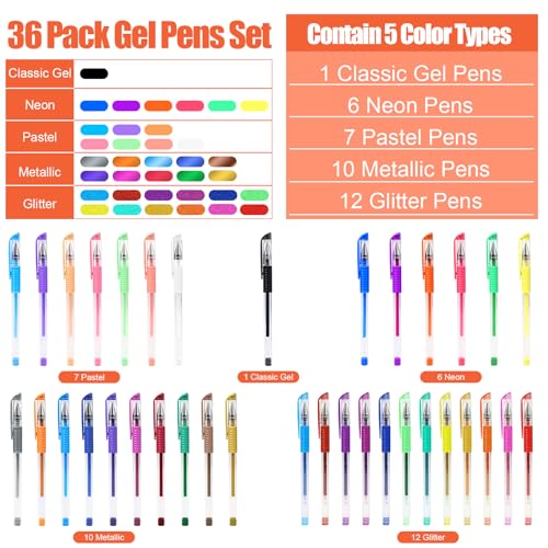 TANMIT 36 Colors Gel Pens Set for Adult Coloring Books with 40% More Ink