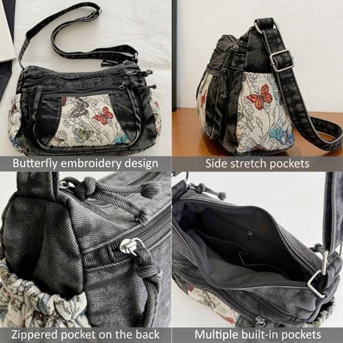 Black Denim Purse Crossbody Bags, Boho Hobo Crossbody Bags for Women, Casual Hippie Travel Purse with Lots of Pockets - color: Style2-black