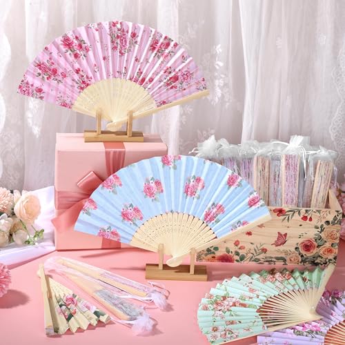 Aodaer 50 Pack Tea Party Favor Floral Printed Hand Fans with Organza Bags Bulk Wooden Storage Box Retro Pattern Paper Handheld Folding Fans for Spring Picnic Bridal Shower Wedding Bridesmaid Gifts - style: Tea Party