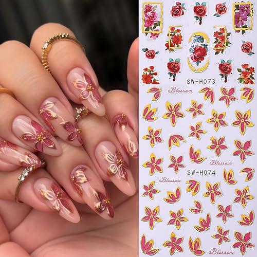 Flower Nail Stickers for Nail Art 12PCS 3D Self-Adhesive Nail Decals with Tweezers Floral Leaf Line Designs Manicure Decoration Spring DIY Charming Flowers Nails Supplies for Women - style: Flower Styles-02