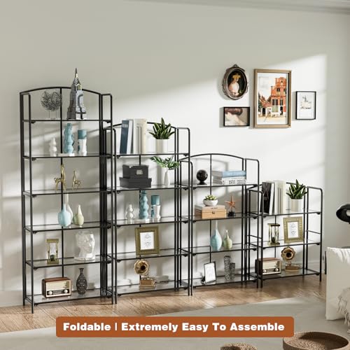 Crofy 5-Tier Wider Foldable Bookshelf, Black Frame & Transparent Shelves - color: Black Frame & Transparent Shelf, size: 5 Tier Wider