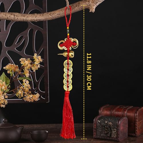 Feng Shui Good Luck Charms with Metal Gourd Red Knot Wall Hanging for Car,House,Office, Wealth and Success Five Emperor Money(5coins) - 2pcs - color: Chinese Knot Gourd & Coin Tassel 2pcs