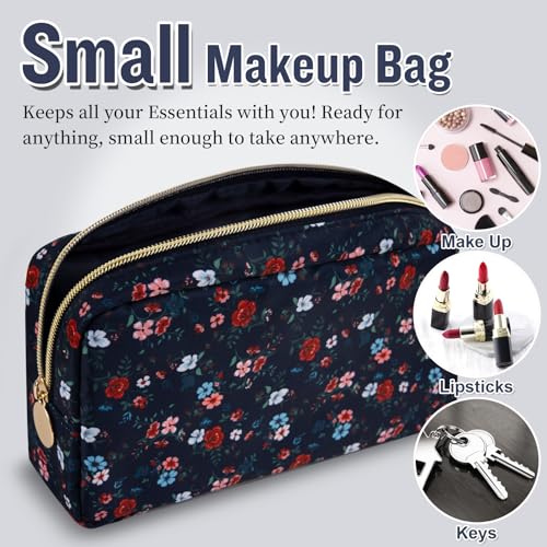 Nylon Small Floral Makeup Bag for Purse, Cute Preppy Makeup Bag Cosmetic Zipper Pouch Purse, Waterproof Portable Travel Set Toiletry Bag Make Up Brush Bag Organizer Storage for Women(Navy Blue-Flower) - color: Navy Blue-Flower, size: Small
