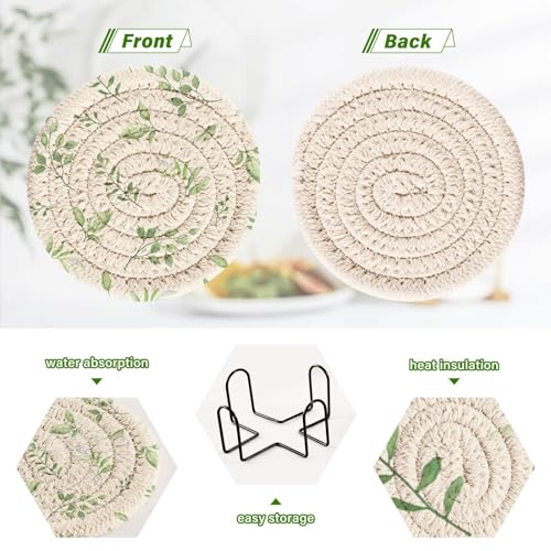 Green Leaves Drink Coasters Set - 6 Pcs Minimalist Woven Coasters with Holder for Home Decor, 3.94 Inch Absorbent Coasters for Drinks - color: A05