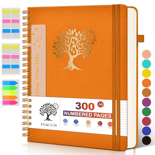 PERCUN Spiral Notebook 300 Numbered Lined Pages Hardcover Journal 8.5"x11" - color: Orange, size: A4 size (8.5in x 11.5in)