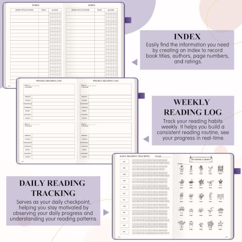 AKONEGE Reading Journal for Book Tracking - PU Leather Book Journal Reading Log with 80 Reviews for Readers, Accessories with Sticky Tabs, Pen Holder, Ribbon Bookmarks, 5.6" x 8.3", Purple - color: Purple