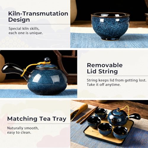 DUJUST Chinese Gongfu Tea Set, Kiln Altered Glaze Porcelain Tea Set with 1 Teapot, 4 Tea Cups & 1 Tea Tray, Portable Japanese Tea Sets with Storage Bag for Travel, Gifting, Outdoor, Dark Blue - color: Dark Blue