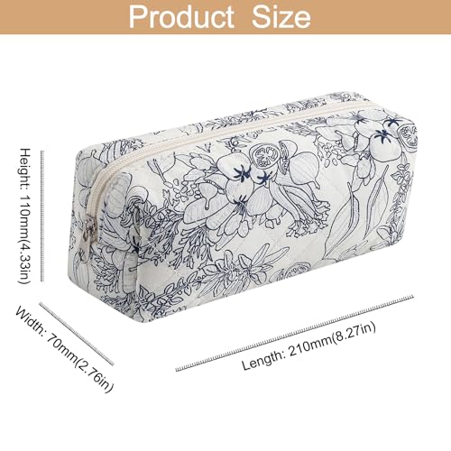 Cute Floral Cotton Makeup Brush Cosmetic Bag for Women, Travel Quilted Zipper Make Up Bag, Flowers Toiletry Organizer Case Kawaii Makeup Cosmetic Travel Cloth Pouch (Navy Blue Flower) - color: 09 Navy Blue Flower