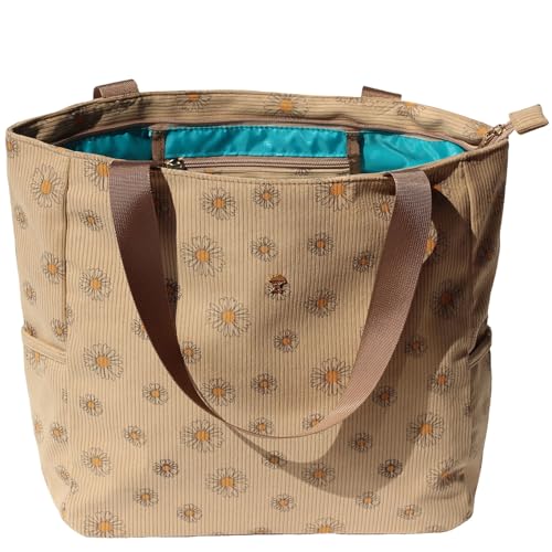 ESVAN Original Floral Water Resistant Large Tote Bag Shoulder Bag for Gym Beach Travel Daily Bags Upgraded - color: Corduroy Brown Daisy