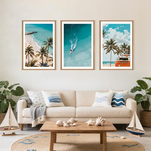LHIUEM Large Nature Surfboard Beach Framed Canvas Wall Art,Summer Ocean Surfing Wall Decor,Palm Trees Wall Painting,Modern Picture Artwork for Living Room,Bedroom,Dining Room,Office -16"x24"x3 - color: Beach Surfing Wall Art, size: 24"L x 16"W