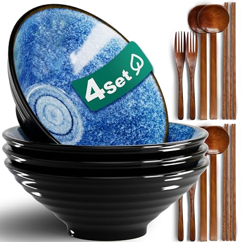 8-Inch 4 Sets Ceramic Ramen Bowl (16 Piece) - Japanese Porcelain Dishwasher Microwave Safe Salad Noodles Cereal Pasta Soup Large Bowls with Chopsticks Forks Spoons for Men Women Housewarming Gift - color: A:Ocean Blue, size: 8 INCH 4 Set