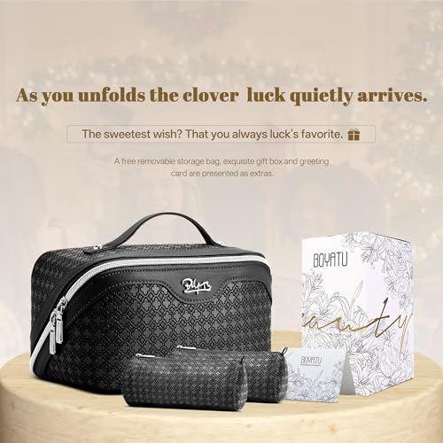 BOYATU Travel Makeup Bag for Women: Four Leaf Clover 3 Pcs Set Cosmetic Bag - color: M-06Black
