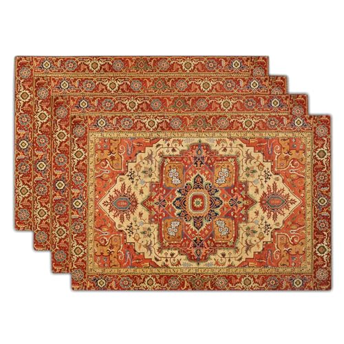 Giwawa Boho Ethnic Placemats Set of 4 Vintage Orange Brown Retro Flower Decorative Linen Table Place Mats 12"x18" Rustic Country Style Floral Place Mats Heat Resistance for Kitchen Dining Farmhouse - color: Boho Ethnic