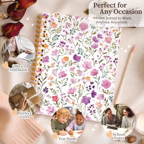 Enkvke Cute Spiral Notebook Journal for Women - color: Floral-Pink Purple-A5