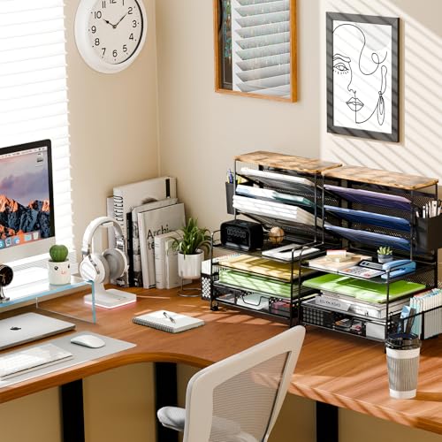 Ekisemio 8 Tier Desk File Organizer with Sliding Drawer, Desktop Organizers and Accessories, Letter Size File Organizer for Desk, Black