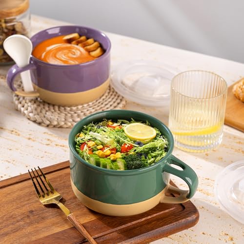 GBhome Ceramic Soup Mugs with Handles and Lids,24 OZ Soup Cups Set of 2 - color: Green&Purple