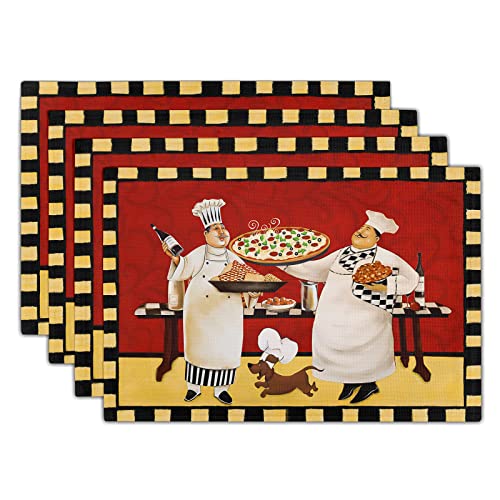 Giwawa Fat Chef Placemats Italian Pizza Bistro Anti-Fatigue Red Wine Linen Table Mat Set of 4 Cooking Food Heat Stain Resistant Place Mats for Dining Kitchen Party Holiday Decoration - color: Chef