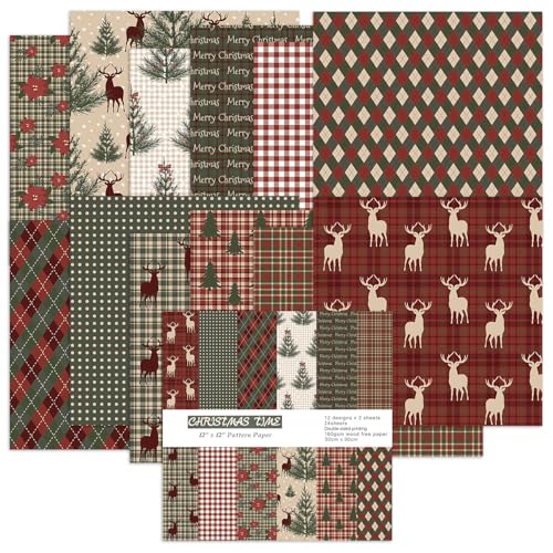 Christmas Scrapbook Paper Supplies 12×12,Vintage Christmas Deer Pattern Papers ,24 Sheets Double-Sided Christmas Scrapbooking CardStock Paper pad for Holiday Cardmaking DIY Junk Journal Papers. - color: Christmas Time