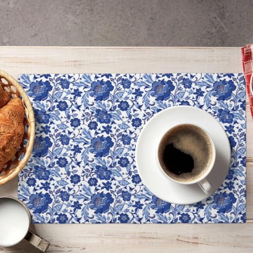Blue and White Floral Placemat Set of 4, Chinoiserie Table Mats Washable Heat Resistant Linen Fabric Vintage Flower Place Mat for Kitchen Dining Table Home Decor - color: Blue White