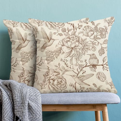 Chinoiserie Pillow Covers 18x18 Pack of 2 Brown Birds Floral Throw Pillow Covers Outdoor Decor Vintage Spring Summer Flower Pillowcase Farmhouse Decorative Square Cushion Case for Couch Sofa - color: Brown Flower Bird 3, size: 18" x 18" (Pack of 2)