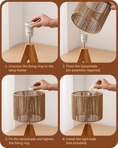 EDISHINE Small Rattan Table Lamp, Wood Tripod Bedside Lamp, 14.2", E26 Base - color: Rosewood Color&Vertical Stripe Shade