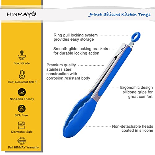 HINMAY 9-Inch Cooking Tongs with Silicone Tips, Set of 3 (Blue) - color: Blue