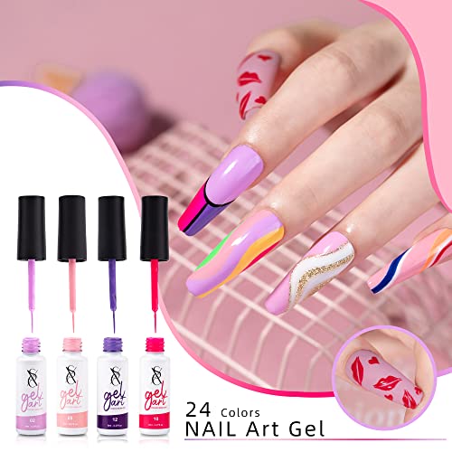 SXC Cosmetics 24-Color Gel Liner Set for Nail Art - With Built-in Thin Brush for Swirl Nail Designs and Soak-Off Gel Polish - color: 24 Colors Pro Series