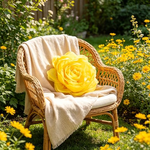JWH 3D Flower Throw Pillow Covers with Insert, 14 Inch, Bright Yellow - color: Yellow, size: 14" x 14" (Pack of 1)