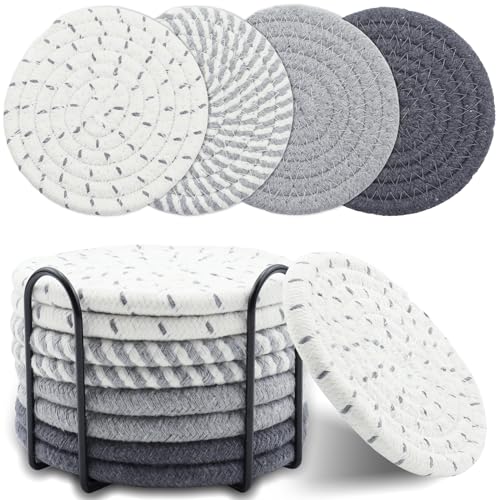 8 Pcs Drink Coasters with Holder, Minimalist Cotton Woven Coaster Set, 4 Colors Absorbent Coaster Protection Protection for Various Cups, Ideal for Coffee Tables and Home Decor Tabletop, 4.3 Inches - color: Gray
