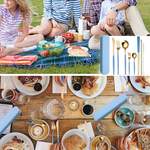 AARAINBOW 8 Pieces Stainless Steel Flatware Set Portable Reusable Cutlery Set Travel Utensils Set Including Chopsticks Knife Fork Spoon Straws Cleaning Brush Dishwasher Safe (Blue Golden) - color: Blue Golden