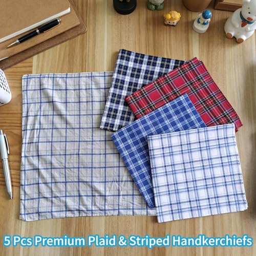 5 Pack Soft Cotton Handkerchiefs for Men - Assorted Plaid & Striped Patterns, Highly Absorbent & Machine Washable, 16"×16" Premium Pocket Squares for Men for Formal & Daily Use