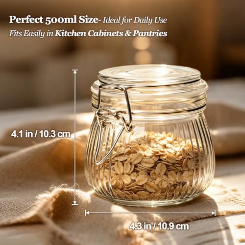 ComSaf Small Ribbed Glass Jars with Airtight Lids 17 oz 6 Pack Wide Mouth - size: 17 fl oz x 6 - Ribbed