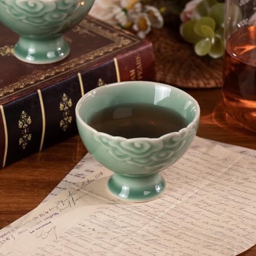KAMMAK Tea Cup Set of 2 Small Tea Cups 3.7oz Green Porcelain Tea Cup Set, Asian Ceramic Teacups for Home, Party, Office, Chinese Kung Fu Tea Set for Hot/Cold Drink - style: 722N Auspicious Clouds
