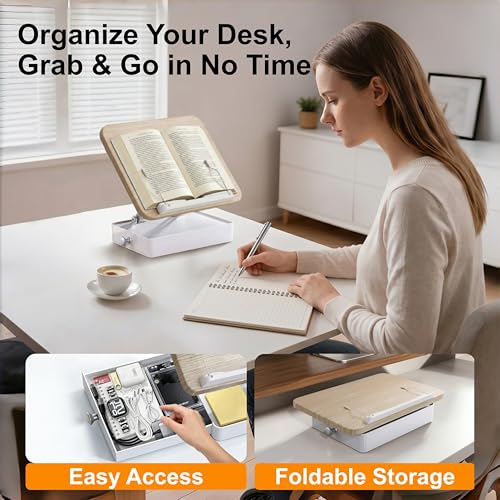 Book Stand with Storage Drawer, Heavy-Duty Adjustable Wooden Reading Stand - color: White Ash Effect, size: 10.5" x 15.5"