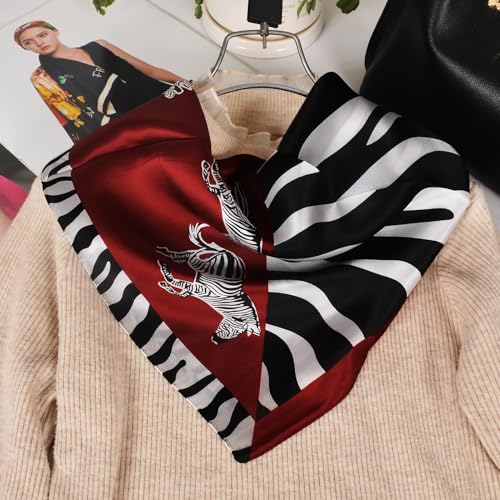 Women 100% Mulberry Silk Neck Scarf 21" Square Floral Neckerchief - color: Burgundy+zabra Print