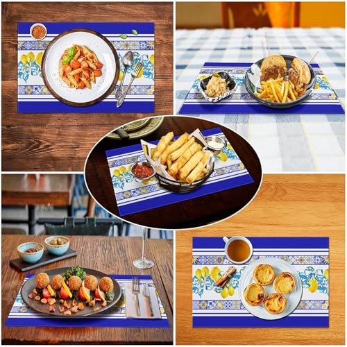 Blue Lemon Placemats Set of 4, 12x18 Inch Navy Blue Vintage Baroque Summer Fruits Floral Farmhouse Seasonal Spring Holiday Coffee Table Mats for Party Kitchen Dining Decoration - color: Lemon08, size: 4pcs