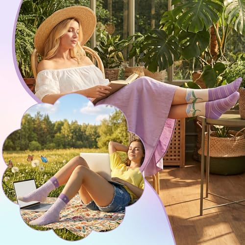 5/6 Pair Crew Socks for Women Floral Socks - color: Purple, Green