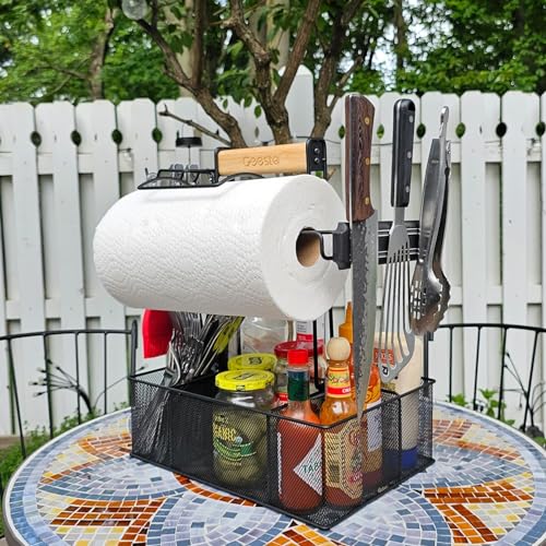 Geesta Grill Caddy for Outdoor Grill, BBQ Picnic Camping Caddy with Paper Towel Holder & Magnetic Tool Holder, Condiment Storage Utensil Kitchen Organizer for RV Camper, Tailgate Accessories