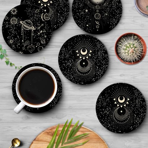 Coasters for Drinks, Set of 6, Ceramic Stone Moon Zodiac - color: Sun Moon