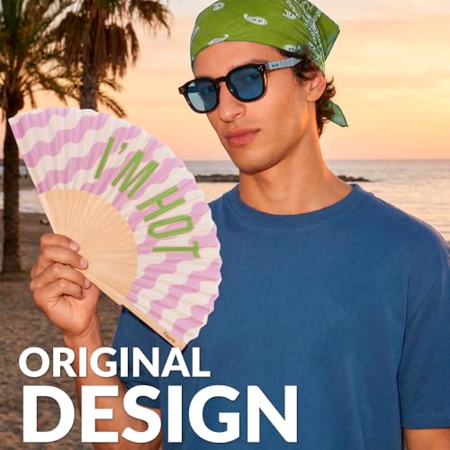 Fisura – Original Folding Fan with “I’m H*t” Message. Colorful Handheld Fan in Lilac with Wave Design and Strap Included. Fun Gift idea for Summer Travel Days or Outdoor Events. 16.7 x 9 in - color: I'm H*t, Purple Waves